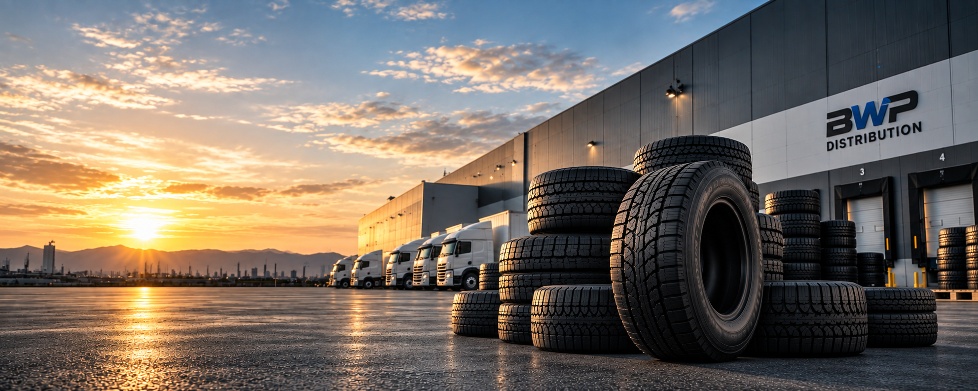 Stacks of tires outside the BWP Distribution warehouse at sunrise